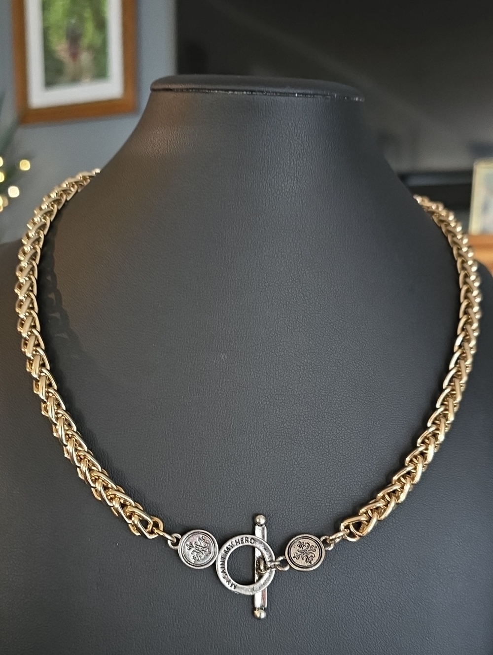 Gold-Tone Chain Necklace with Toggle Clasp and Medallion Accents